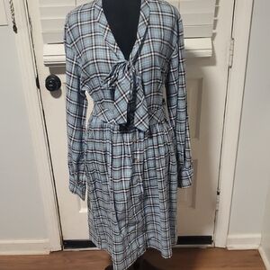 Kayce Hughes Elegant Blue Plaid Long Sleeve Dress NWT
